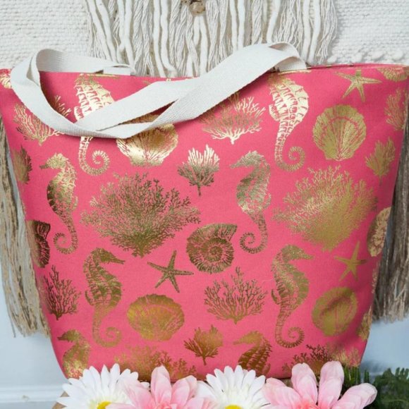 Styline Handbags - Pink Canvas Sea Life Nautical Print Tote Bag Purse Satchel NWT